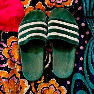 Green velvet adidas slides